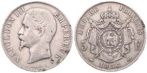 France, Second Empire, Napoleon III, 5 Francs Silver 1856A, Head left, KM 782.1 (Paris), A.VF