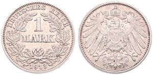 Germany, Empire, Wilhelm II, 1 Mark Silver 1913J, Crowned imperial eagle with shield on breast, KM 14, VF+