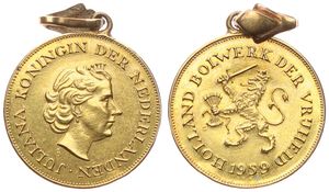 Netherlands, Kingdom, Juliana, Medal in Gold 1959, Holland Bolwerk der Vrijheid, Crowned head right / Rampant lion holding sword and bundle of arrows, XF (*)
