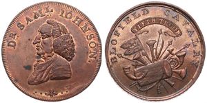 Great Britain, Kingdom, George III, 1/2 Penny Token in Copper (1796) Norfolk - Blofield,  Buxton Token, Bust of Dr. Samuel Johnson left / Blofield Cavalry Fifth Troop, A.UNC