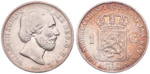 Netherlands, Kingdom, William III, 1 Gulden Silver 1864, Bearded head right, KM 93, VF