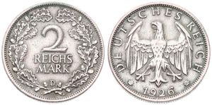 Germany, Weimar Republic, 2 Reichsmark Silver 1926D, Eagle with wings spread above date, KM 45, XF