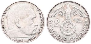 Germany, Third Reich, 2 Reichsmark Silver 1936J, Head of Paul von Hindenburg right, KM 93, RARE KEY DATE !, VF