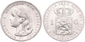 Netherlands, Kingdom, Wilhelmina I, 1 Gulden Silver 1897, Queen's head with long hair left, KM 117, A.XF