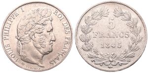 France, Second Kingdom, Louis Philippe I, 5 Francs Silver 1845W, Laureate head right, KM 749.13 Lille, XF