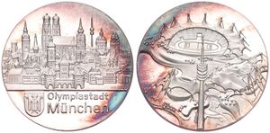Germany, Federal Republic, Medal in Silver ND (1972), Munich Olympics, Stylized view of Olympic Stadium / View on the City of Munchen, PROOF