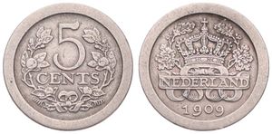 Netherlands, Kingdom, Wilhelmina I, 5 Cents Copper-Nickel 1909, Crown flanked by sprigs, KM 137, SCARCER KEY DATE !, VF
