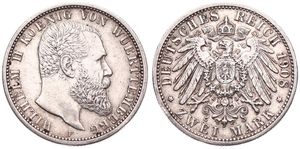 German States, Wurttemberg, Wilhelm II, 2 Mark Silver 1908F, Bearded head right, KM 631, VF+