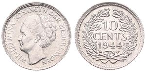 Netherlands, Kingdom, Wilhelmina I, 10 Cents Silver 1944S, Head left, KM 163, A.UNC