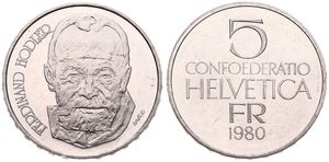Switzerland, Confederation, 5 Francs Copper-Nickel 1980, Painter Ferdinand Hodler, KM 59, UNC