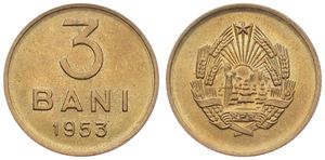 Romania, Peoples Republic, 3 Bani Copper-Nickel-Zinc 1953, National emblem, KM 82.2, UNC