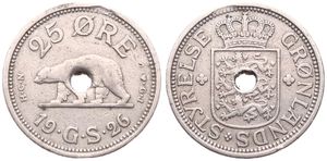 Greenland, Danish Colony, 25 Ore Copper-Nickel 1926, Hole at center of polar bear walking left, KM 6, SCARCE, VF