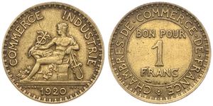 France, Republic, 1 Franc Aluminum-Bronze 1920, Mercury seated left, KM 876, KEY DATE, A.XF