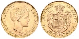Spain, Kingdom, Alfonso XIII, 20 Pesetas Gold 1896 (62) PG-V (Official Restrike), Child's head right / Crowned mantled arms, KM 709, XF (*)