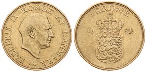 Denmark, Kingdom, Frederik IX, 1 Krone Aluminum-Bronze 1959, Head right, KM 837.2, VF