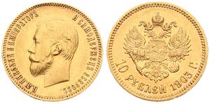Russia, Empire, Nicholas II, 10 Roubles Gold 1903, Head left / Crowned imperial double headed eagle holding orb and scepter, KM 64, XF (*)