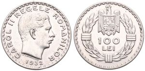 Romania, Kingdom, Carol II, 100 Lei Silver 1932, Head right, KM 52, XF