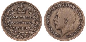 Great Britain, Kingdom, George V, 1/3 Farthing Bronze 1913, Head left, KM 823, XF