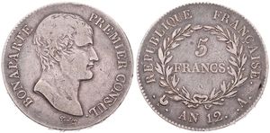 France, Consulship, Napoleon, 5 Francs Silver AN 12A, Bare head right, KM 659.1 (Paris), VF