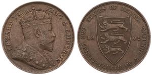 Jersey, British Dependency, Edward VII, 1/24 Shilling Bronze 1909, Crowned bust right, KM 9, XF