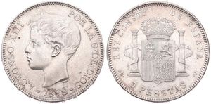 Spain, Kingdom, Alfonso XIII, 5 Pesetas Silver 1898 (98), Young head left, KM 707, XF