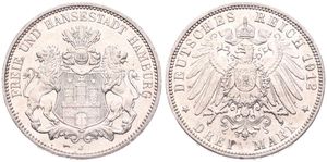 German States, Hamburg, Free City, 3 Mark Silver 1912J, Helmeted arms with lion supporters, KM 296, XF 