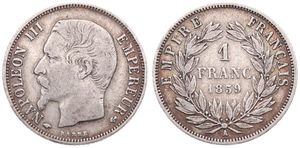 France, Second Empire, Napoleon III, 1 Franc Silver 1859A, Head left, KM 779.1 (Paris), VF