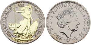 Great Britain, Kingdom, Elizabeth II, 2 Pounds Black Ruthenium 2016, Standing Gilt Britannia, KM 1029a, B.UNC