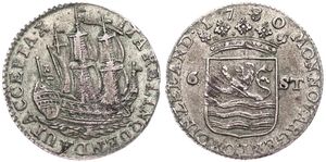 Netherlands, Zeeland Province, 6 Stuivers Silver 1780/70, Crowned arms of Zeeland / Sailing Ship, KM 90.2, VF 