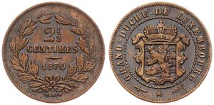 Luxembourg, Grand Duchy, William III, 2-1/2 Centimes Bronze 1870, Crowned shield within rope wreath, KM 21 WITHOUT DOT ABOVE BARTH, VF