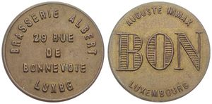 Luxembourg, Grand Duchy, Jean, Token in Brass ND (1961-1965), Brasserie Albert, 29 Rue de Bonnevoie Luxbg / Auguste Nimax BON Luxembourg, A.UNC