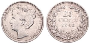 Netherlands, Kingdom, Wilhelmina I, 25 Cents Silver 1906, Crowned head left, KM 120.2, VF