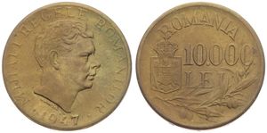 Romania, Kingdom, Mihai I, 10.000 Lei Brass 1947, Head right, KM 76, XF