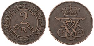 Denmark, Kingdom, Frederik VIII, 2 Ore Bronze 1909, Crowned Monogram, KM 805, VF