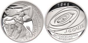 Germany, Federal Republic, Medal in Silver 2001 by Franticek Chochola, EMC Medal, The Discovery of Neptune by the Astronomicus J.G. Galle / Europe and Bull, PROOF 