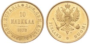 Finland, Grand Duchy, Alexander II, 10 Markkaa Gold 1878S, Crowned imperial double headed eagle holding orb and scepter / Value and date within circle, KM 8.1, A.UNC (*)