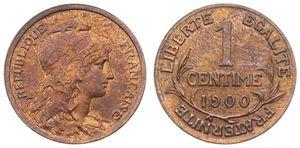 France, Republic, 1 Centime Bronze 1900, Liberty head right, KM 840, RARE KEY DATE, XF