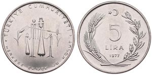 Turkey, Republic, 5 Lira Stainless Steel 1977, F.A.O. - Stylized standing figures, KM 911, UNC