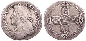 Great Britain, Kingdom, James II, 1 Shilling Silver 1687, Laureate bust left, KM 451.1, Fine +