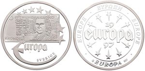 Europe, European Union, Medal in Silver 1997, Old banknote - 100 Kronor from Sweden / Stars and legend within and around circle, PROOF