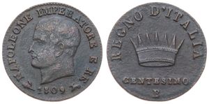 Italian States, Kingdom of Napoleon, Napoleon I, 1 Centesimo Copper 1809B, Head left, KM 1.1 (Bologna), VF