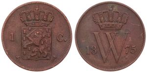 Netherlands, Kingdom, William III, 1 Cent Copper 1875, Crowned arms, KM 100, VF