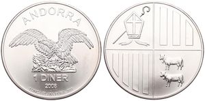 Andorra, Principality, 1 Diner Silver 2008, Eagle with wings outstretched, KM 268, UNC