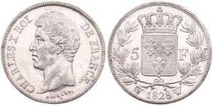 France, Second Kingdom, Charles X, 5 Francs Silver 1828W, Head left, KM 728.13 Lille, XF