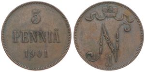 Finland, Grand Duchy, Nicholas II, 5 Pennia Copper 1901, Crowned Monogram, KM 15, VF