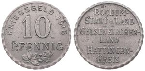 Germany, Emergency Coinage, Bochum - Gelsenkirchen - Hattingen, 10 Pfennig Iron 1918, Value above sprig / Legend in 6 lines, XF