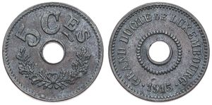 Luxembourg, Grand Duchy, Marie Adelaide, 5 Centimes Zinc 1915, Value above center hole, KM 27, A.UNC
