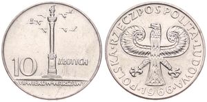 Poland, Peoples Republic, 10 Zlotych Copper-Nickel 1966, 700th Anniversary of Warsaw (Small size), KM 56, SCARCE, UNC-