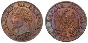 France, Second Empire, Napoleon III, 1 Centime Bronze 1861BB, Laureate head left within beaded circle, KM 795.2 (Strasbourg), UNC