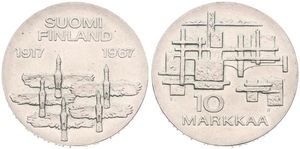 Finland, Republic, 10 Markkaa Silver 1967 S-H, 50th Anniversary of Independence, KM 50, UNC